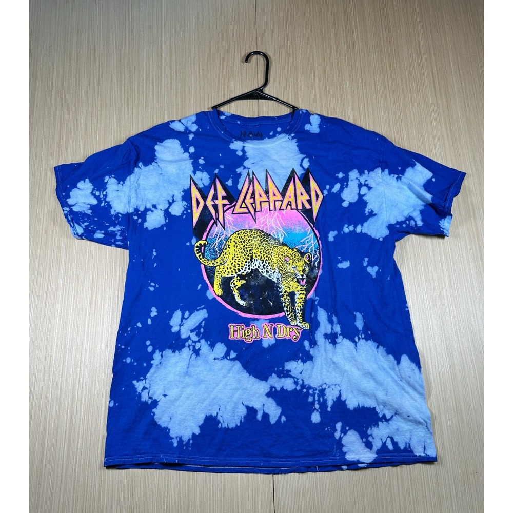 Def Leppard‎ T Shirt Mens 2XL Blue Cotton Tie Dye High N Dry Logo Everyday Wear